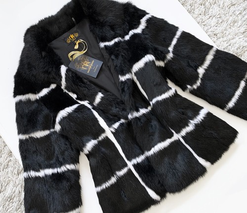 MK Metrix Knit Black & White Genuine Rabbit Fur JACKET * XS ~ NEW