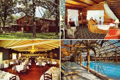 1958 IL Rockton Wagon Wheel Lodge 4 view pool swan bed Mint 6x9 Giant Postcard