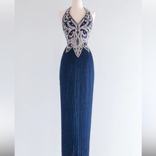 Niteline Della Roufogali Vintage 1980's Sapphire Blue Beaded Silk Evening Gown 6