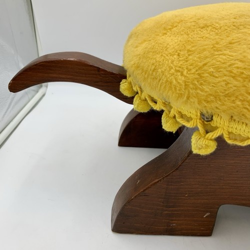 VTG 70’s Turtle Footstool Ottoman Wood Upholstered Pom Pom Trim Gold Yellow MCM - Picture 4 of 12