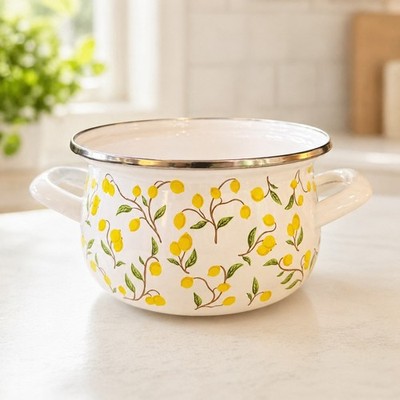 Crofton Enameled Steel Casserole Dish Lemon Pattern Oven Safe 500F White Yellow
