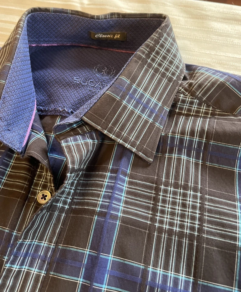 Bugatchi Men’s Shirt Classic Fit M Medium Black, Blue L/S Flip Cuffs Good Cond - Image 3 of 4