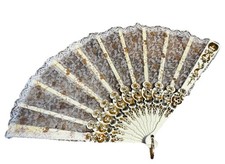 Vintage 1960s Wedding Lace Hand Fan Pearl Plastic Arms w/Gold Gilt