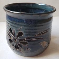 Artisan Blue Glazed Stoneware Luminary Orchid Planter Floral Cut Outs 4.5 x 5 in
