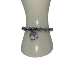 New NWT Silver Beaded Silver-Tone Rhinestone Elephant Pendant Stretch Bracelet