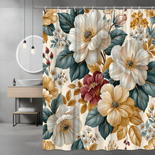 Floral Shower Curtain Large Bloom Print Cream Gold Teal