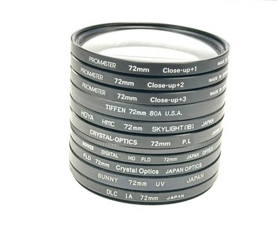 Lot of Ten 10 72mm Screw-In Lens Filters Skylight UV 80A FLD Close Up Macro PL