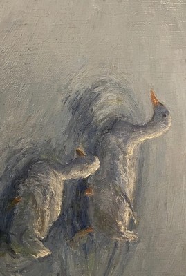 Original oil painting, Two white ducks swimming in Venice, LA 9x12 