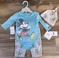 Disney Baby Boys 3 PC Set Mickey Mouse LS Bodysuit Pants Hat Sz 0-3 M Blue Gray