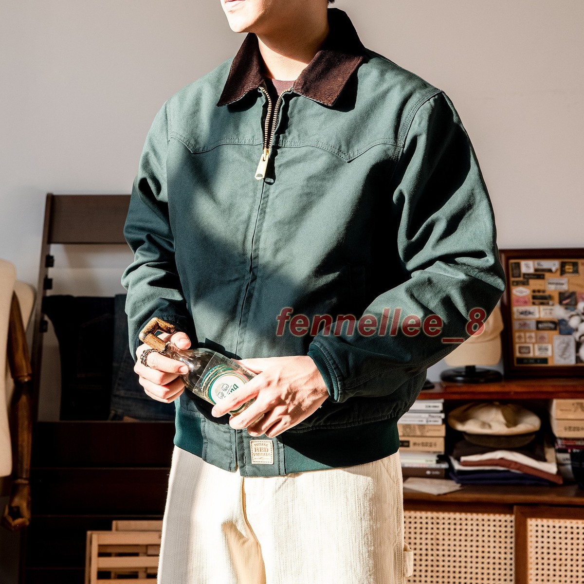 American Retro Mens Workwear Jacket Loose Cotton Canvas Lapel