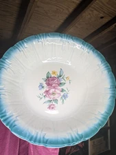 Vintage 1950 Homer Laughlin 9" Turquoise Serving Bowl - Pink Floral- Beautiful! 