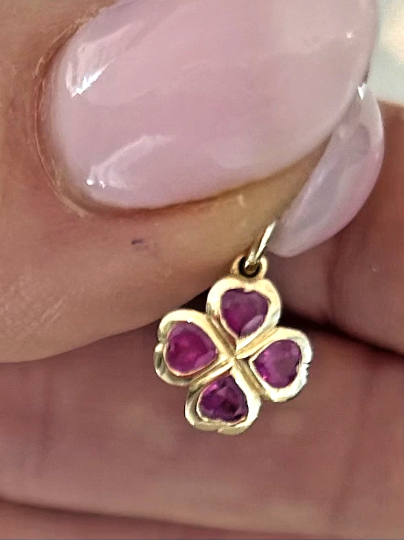 NEW 14 KARAT GOLD Art Deco Ruby mini four leaf clover charm14k chains available  - Image 3 of 4