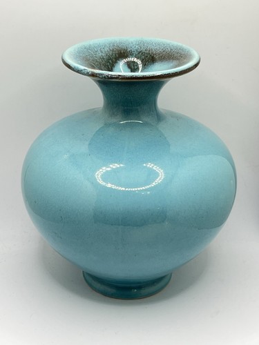 Vintage Kunstkeramik türkisblau Vase Flaschenhals schwarz gesprenkelt 1017-1 Mark 6,5" - Bild 4 von 10