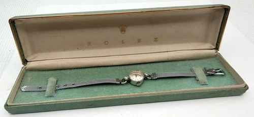 Vintage 1950s ROLEX Original Dial Solid 14K White Gold Case 2 Diamonds BOX WORKS