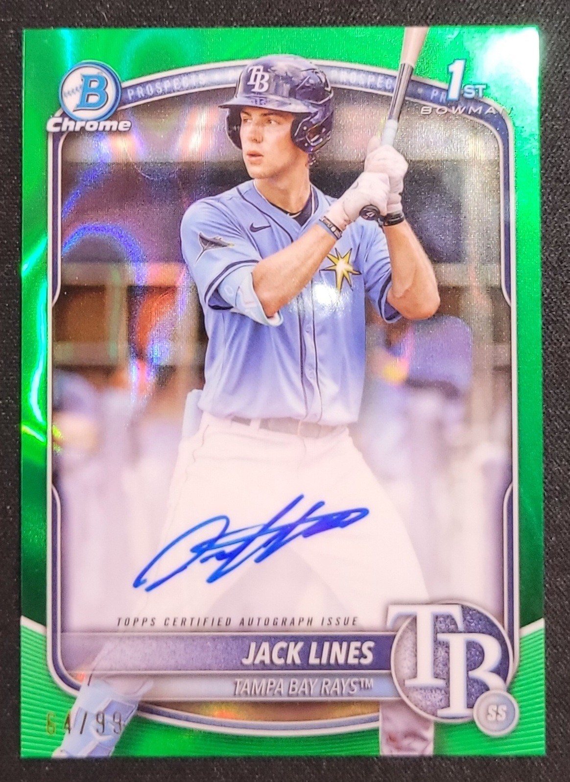 JACK LINES 2025 BOWMAN 1ST BOWMAN CHROME GREEN LAVA AUTO /99 CPA-JLI TB RAYS