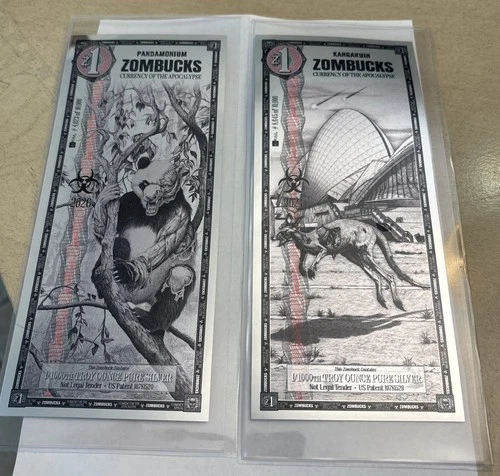 2PC  Zombucks Silver Note 2026 KANGARUIN & PANDAMONIUM 1/1000 TOZ Pure Silver