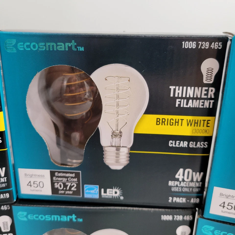 6 Pack of 2 led EcoSmart A19 Soft White Thinner Filament Clear LED 40W - 3130 - Image 4 of 4