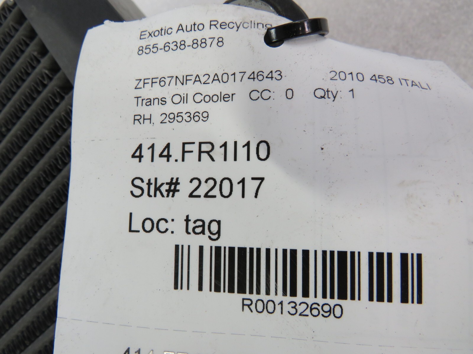 Ferrari 458 Italia, Spider, RH, Rear Transmission Oil Cooler, Used, P/N 295369