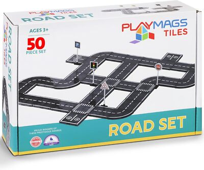Playmags Magnetfliesen Road Set - 50 Teile MINT Pädagogisches Bau Spielzeug Auto