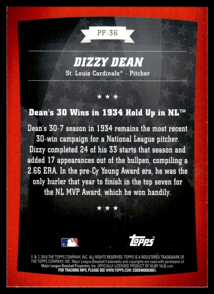 2010 Topps Peak Performance Dizzy Dean St. Louis Cardinals #PP-36 - Image 2 of 2