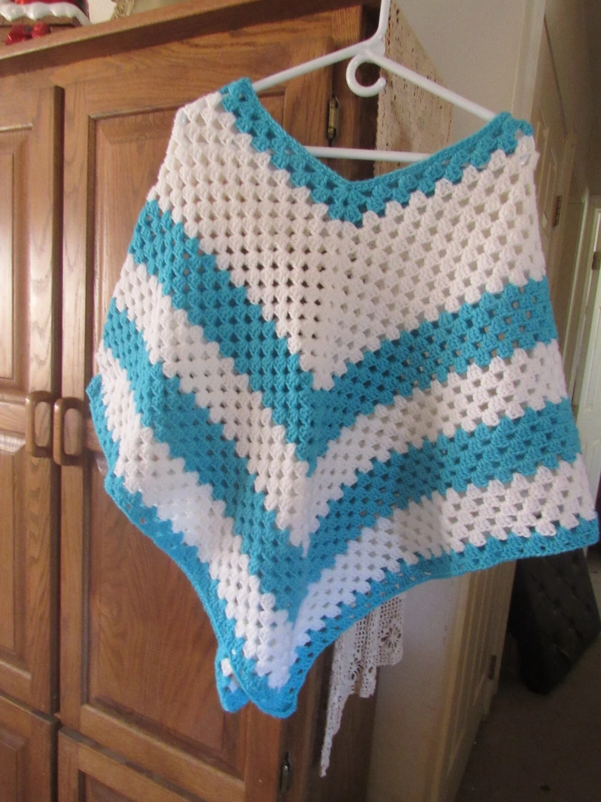 Handmade Crochet Poncho, Women's Size Fits Most S/M/L, Turqua & White