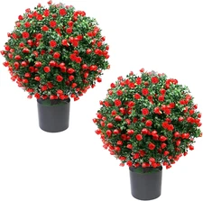 21.6” Tall Artificial Rose Topiary Ball Tree Set of 2 Pack, Faux Boxwood Ball Tr