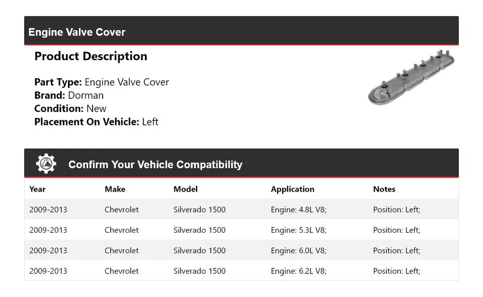 Cubierta de válvula de motor izquierda para Chevrolet Silverado 1500 Dorman 2009-2013 2010 2011 Foto 2 de 4