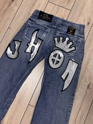 Men Takeshy Kurosawa Silver Paillettes Patch Jhonny Jeans Denim