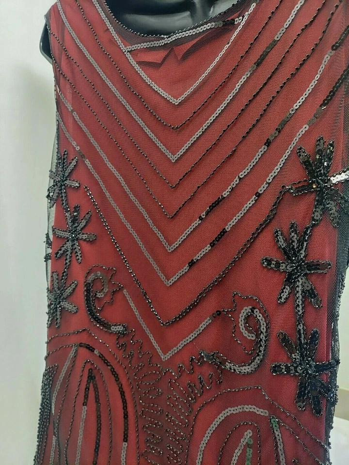 Gatsby Roaring 20s long black/Maroon Dinner Dress, Fringed swing strings, L/LX - Image 4 of 4