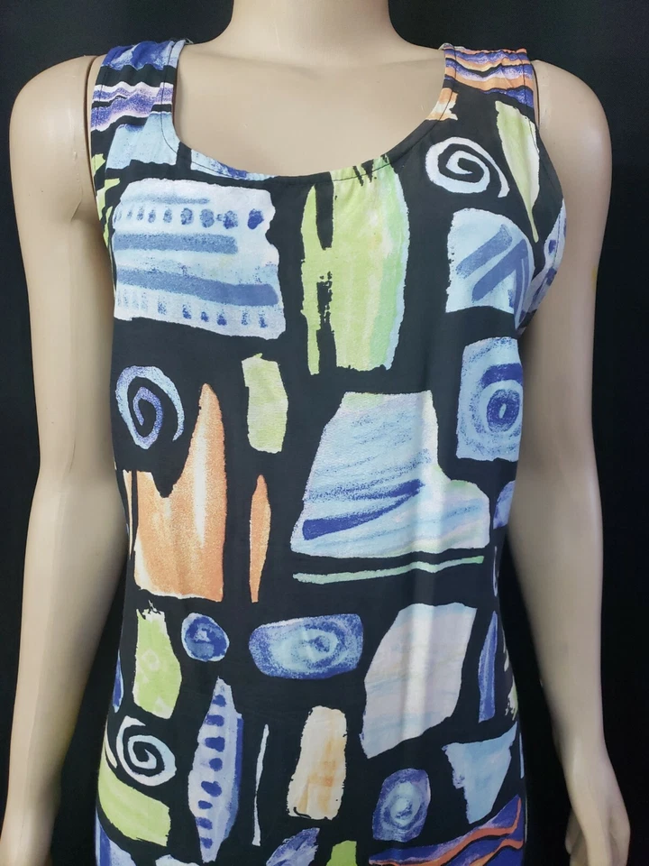 Vestido NINA PICCALINO Negro Multicolor Estampado Abstracto Sin Mangas 14 Lazos Espalda #C Foto 2 de 4