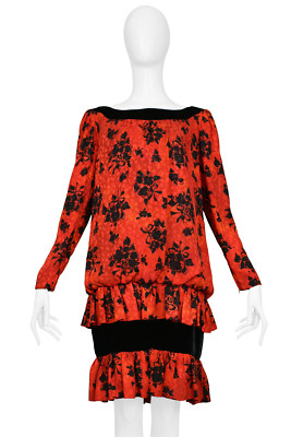 VINTAGE YVES SAINT LAURENT YSL RED & BLACK FLORAL PRINT DROP DRESS 1980s