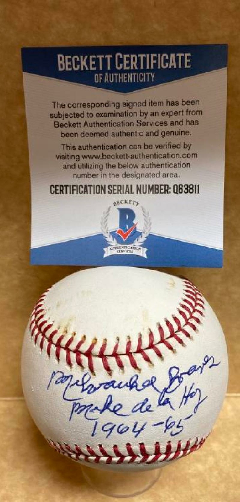 Professional Player Autographed Signed MIKE DE LA HOZ MILWAUKEE BRAVES M.L. BASEBALL BECKETT Q63811 