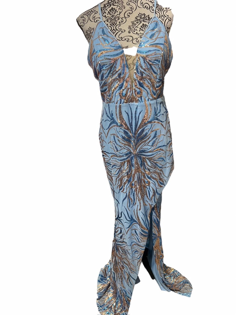 princess polly baby blue dress Miss Ord Blue Sequin Stretch Maxi Formal Dress Women's size 1XL NWT Slit  Front