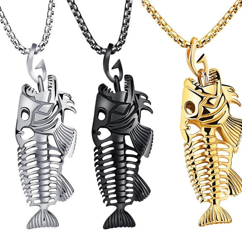 Collar Colgante Hueso de Pez Pez Entero Acero Inoxidable Dorado Negro Plata Foto 2 de 4