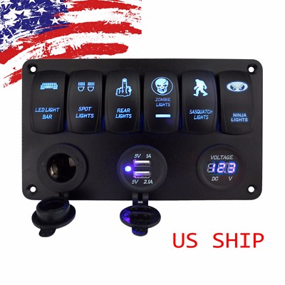 6 Gang Blue Rocker Switch Panel Circuit Breaker LED Waterproof Car Marine Boat Rv I.85448412
