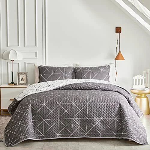 Двусторонний набор лоскутных одеял из 3 предметов в клетку белый и серый полуторный размер 88x88 мягкий Mi... - Изображение 2 из 4