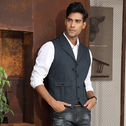 Men's Vest Tweed Lapel Casual Business Sleeveless Jacket Herringbone Vest Coat - Picture 22 of 32