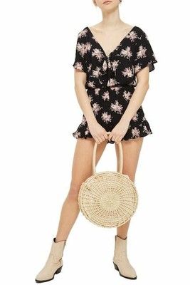 NWT Topshop Rose Print Keyhole Tie Front Cut Out Back W/Shoulder Tie Ruffles