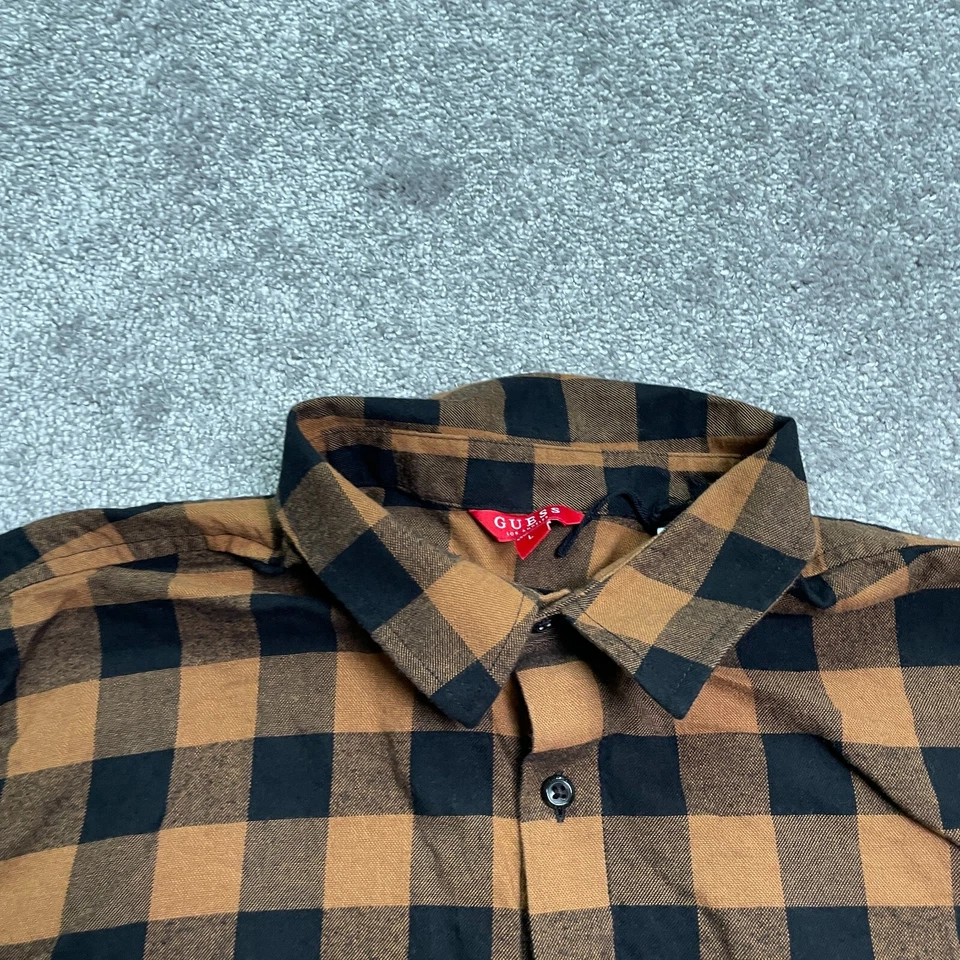 Guess Flannel Shirt Mens Large Brown Black Plaid Cotton Casual Cotton Casual Top - Image 3 of 4