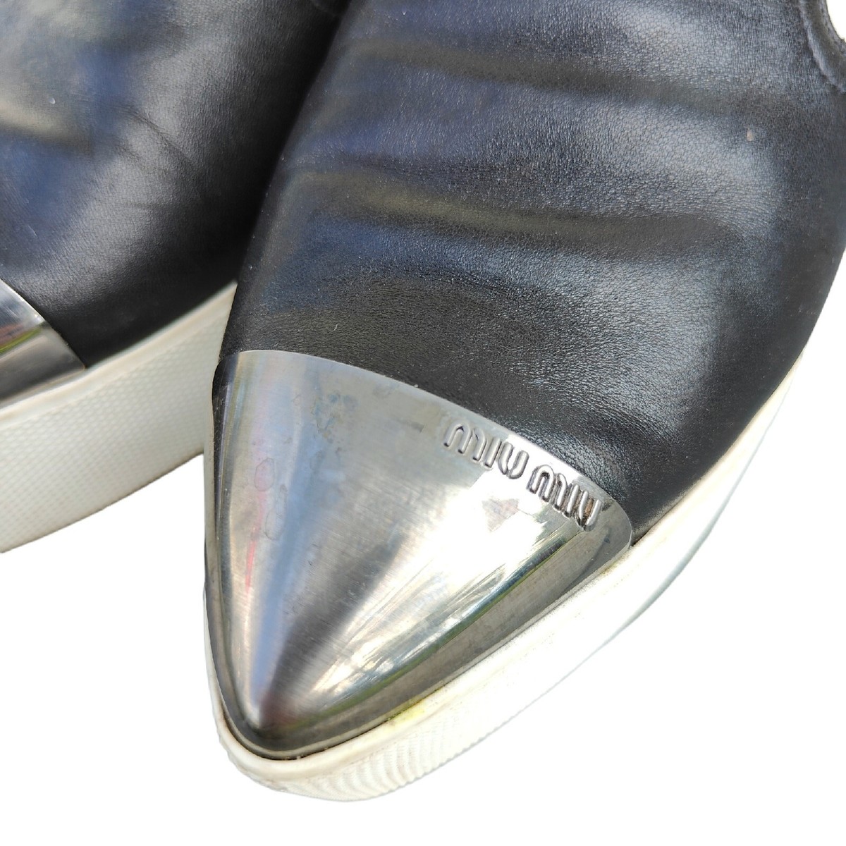 Miu Miu Metal Cap Toe Leather Platform Slip On Sneakers Size