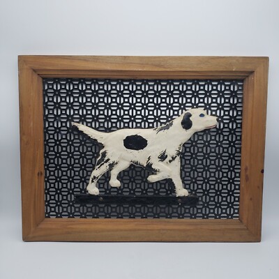 Vintage Painted Metal Pointer Dog  Plaque Mounted on Metal in Wooden Frame
