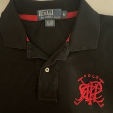Polo RalphLauren Black Shirt Mens•M ShortSleeve Mallet RPLC Logo Red Embroidered