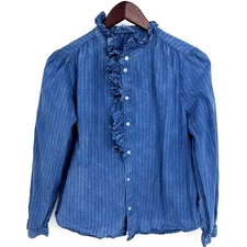 ALEX MILL Ruffle Shirt Size Medium Blue Pinstripe Long Sleeve Button Down Top