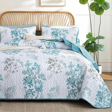 WONGS BEDDING Teal Floral Quilt Set Queen,Botanical Leaf Queen 96" 90" ,