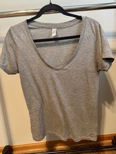 Women  s Fitted Grey Basic Short Sleeve V Neck T-Shirt Size Large