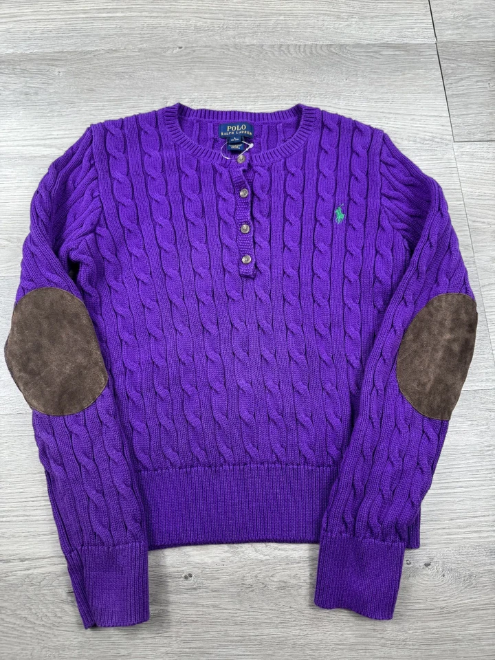 Polo Ralph Lauren Suéter Niñas L Púrpura Cable Tejido Cárdigan Codo Parche Poni Foto 2 de 4