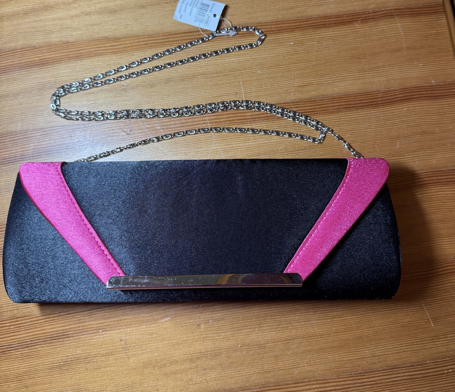 Bolso sin asas negro y rosa satinado noche fiesta con cadena de hombro bolso bisutería