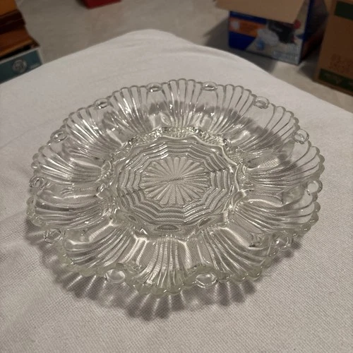 Vintage Anchor Hocking Clear Glass Deviled Egg Platter 10” Fan Wave Design #896