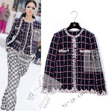 CHANEL 19A Navy Red Ivory Collarless Wool Tweed Jacket Karl Lagerfeld 34 36