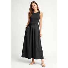 Uniqlo Combination Sleeveless Maxi Dress Black Ribbed Knit Woven Skirt Size S